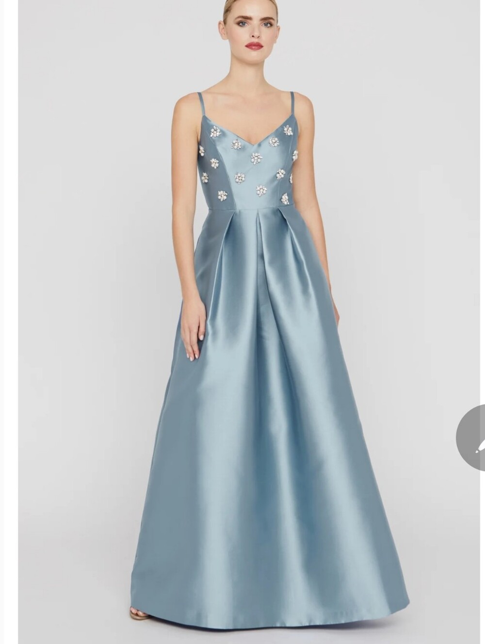 Kay Unger Eloise Satin Floral-Embellished Gown In Ice Blue Sz 4 $388 - Picture 3 of 9